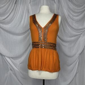 Vintage Indie Boho Fairy Design History Orange Sleeveless Top Size S